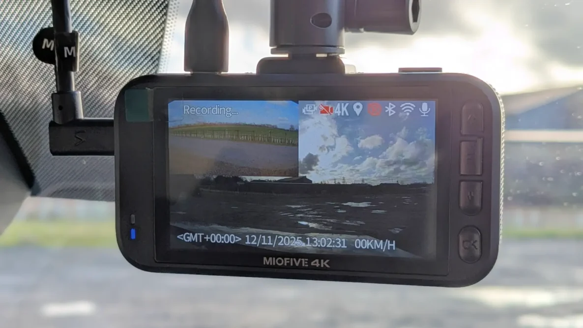 Miofive S1 Pro Dual Dash Cam camera in bright light
